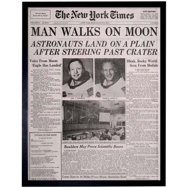 Wee Blue Coo Vintage Moon Aldrin Armstrong Space Newspaper Framed Wall Art Print 30 x 41cm - Size: 43.3 x 33.3 x 1.5cm - Grey - Wilko - image 1