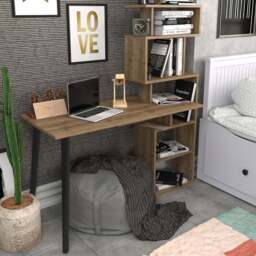 Decorotika Vina 7 Shelf Computer Desk with Bookcase Walnut - Size: 146.6 x 138.6 x 55cm - Brown - Wilko