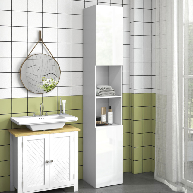 Kleankin 2 Door 2 Shelf White High Gloss Bathroom Storage Cabinet - Size: 181.5 cm x 30.0 cm x 30.0 cmcm - Wilko - image 1