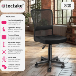 tectake Patrick Black Height Adjustable Padded Office Chair - Size: 95 x 50 x 43cm - Wilko - thumbnail 4
