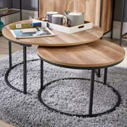 Home Source Oakmere Black and Oak Effect Round Nest of Tables Set of 2 - Size: 40 x 77 x 77cm - Brown - Wilko