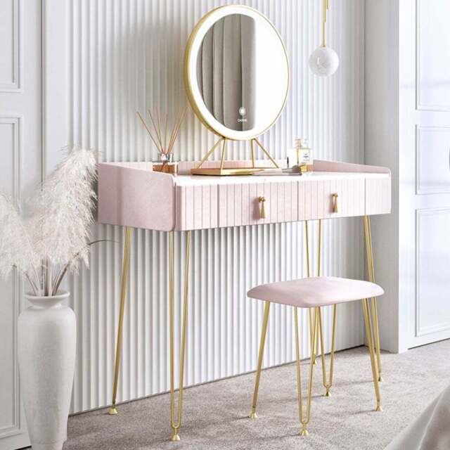 CARME Home Tokyo Glow 2 Drawer Pink Velvet Dressing Table Set with LED Mirror - Size: 55 x 34 x 116cm - Wilko - image 1