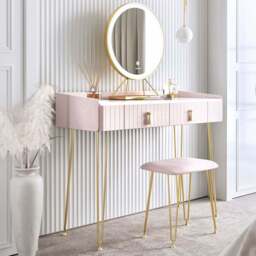 CARME Home Tokyo Glow 2 Drawer Pink Velvet Dressing Table Set with LED Mirror - Size: 55 x 34 x 116cm - Wilko