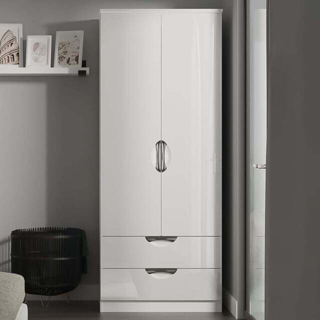 Crowndale Camden 2 Door 2 Drawer White Gloss and White Wardrobe Ready Assembled - White Gloss & White - Wilko - image 1