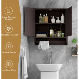 Costway 2 Door Brown Wall Mounted Bathroom Cabinet with Towel Rack - Size: 60 x 21 x 61cm - Wilko - thumbnail 5