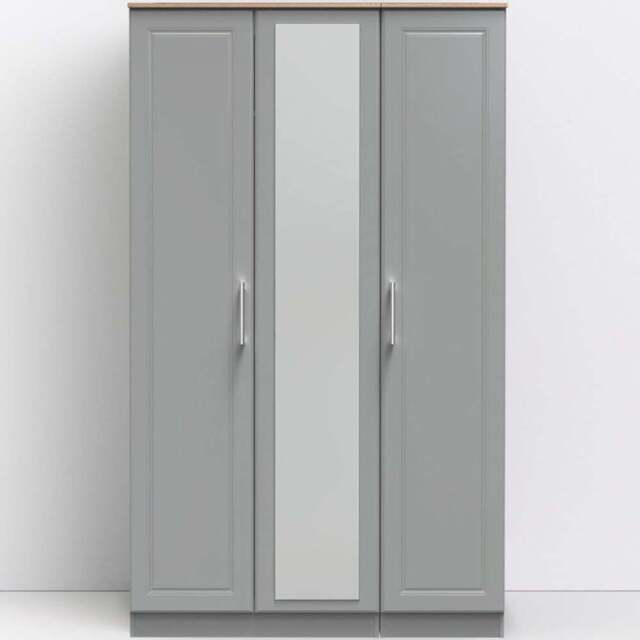 Crowndale Kent 3 Door Dusk Grey and Bardolino Oak Mirror Wardrobe - Wilko - image 1
