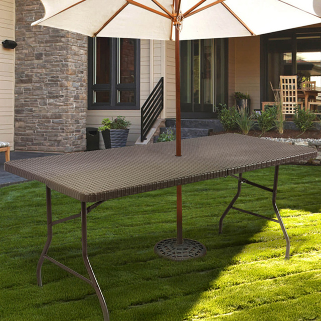 Costway Rattan Foldable Plastic Table with Umbrella Hole - Size: 182 x 74 x 74cm - Brown - Wilko - image 1