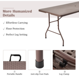 Costway Rattan Foldable Plastic Table with Umbrella Hole - Size: 182 x 74 x 74cm - Brown - Wilko - thumbnail 6