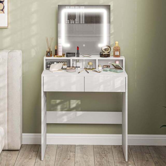 Portland 2 Drawer 2 Shelf White Dressing Table with LED Light Mirror - Size: 135 x 38 x 75cm - Wilko - image 1