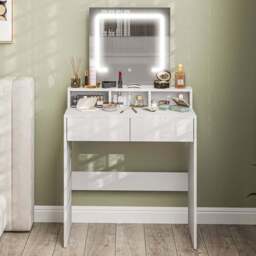 Portland 2 Drawer 2 Shelf White Dressing Table with LED Light Mirror - Size: 135 x 38 x 75cm - Wilko - thumbnail 1