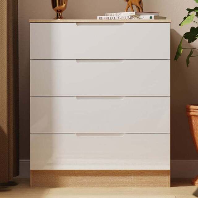 Crowndale Milan 4 Drawer White Gloss and Bardolino Oak Chest of Drawers Ready Assembled - White Gloss & Bardolino Oak - Wilko - image 1