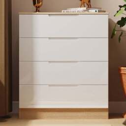 Crowndale Milan 4 Drawer White Gloss and Bardolino Oak Chest of Drawers Ready Assembled - White Gloss & Bardolino Oak - Wilko