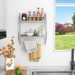 Costway 2 Shelf Silver Wall Mounted Bathroom Unit with Towel Holder - Size: 57 x 28 x 6cm - Wilko - thumbnail 5