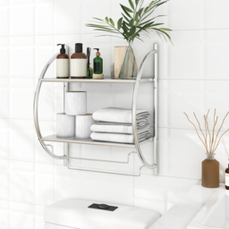Costway 2 Shelf Silver Wall Mounted Bathroom Unit with Towel Holder - Size: 57 x 28 x 6cm - Wilko - thumbnail 3