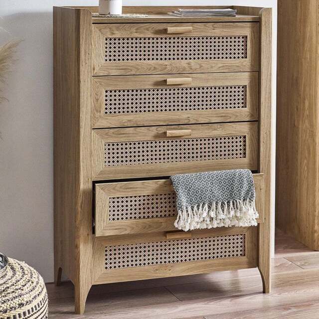 Julian Bowen Sydney 5 Drawer Rattan Effect Chest of Drawers - Wood - Wilko - image 1