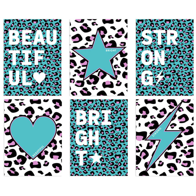 Wee Blue Coo Turquoise and Purple Leopard Pattern Bold Shapes Wall Art Print 30 x 41cm 6 Pack - Size: 40.5 x 30.5 x 0.3cm - Wilko - image 1