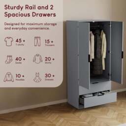 Vida Designs Trega 2 Drawer 2 Door Grey Wardrobe - Size: 2 Door, 2 Drawer - Wilko - thumbnail 7