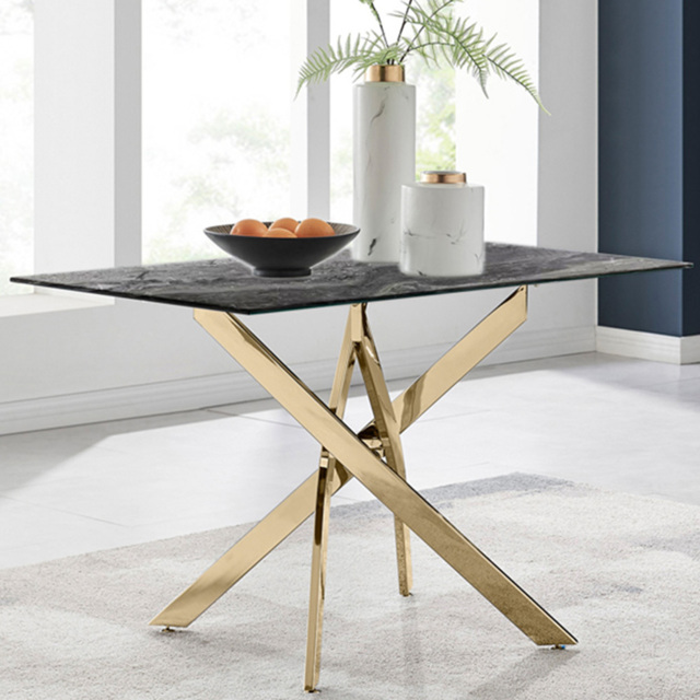 Furniturebox Tavalo 4 Seater Glass Dining Table Marble Effect and Gold - Grey - Wilko - image 1