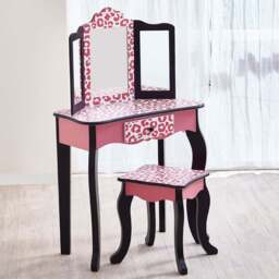 Teamson Kids Fashion Pink and Black Leopard Prints Gisele Play Vanity Set - Size: 99.7 x 29.8 x 59.7cm - Wilko