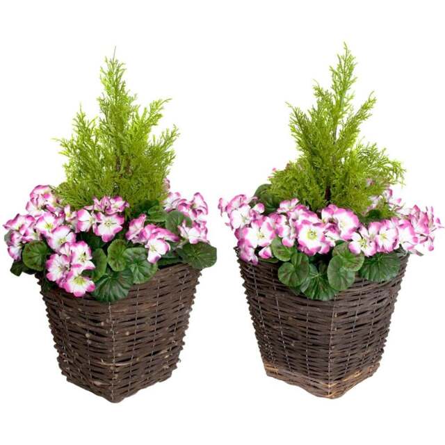 GreenBrokers Artificial Purple and White Geraniums Dark Rattan Planters 60cm 2 Pack - Size: 25 x 24 x 60cm - Multi - Wilko - image 1