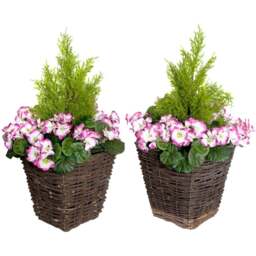 GreenBrokers Artificial Purple and White Geraniums Dark Rattan Planters 60cm 2 Pack - Size: 25 x 24 x 60cm - Multi - Wilko - thumbnail 1