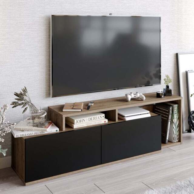 Decorotika Nexera 2 Door Walnut and Black Wide TV Stand - Size: 43 x 150 x 35.3cm - Multi - Wilko