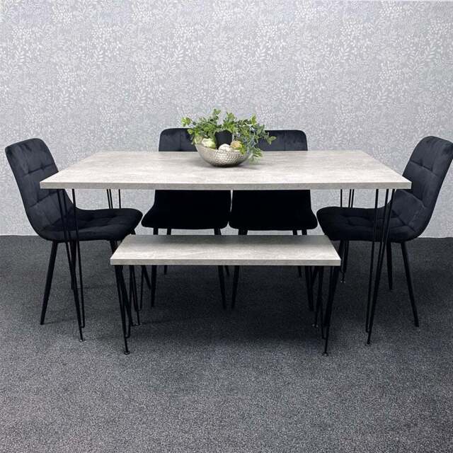 Kosy Koala 6 Seater Wood and Velvet Tufted Dining Bench Set Grey and Black - Multi - Wilko - image 1