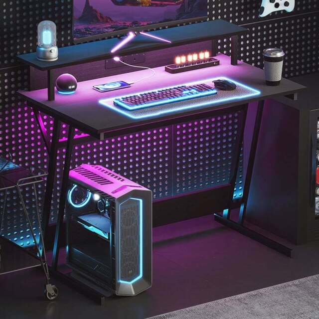 HOMCOM Black LED Gaming Desk with Power Outlets and Monitor Stand - Size: 88.5 cm x 60.0 cm x 100.0 cmcm - Wilko - image 1