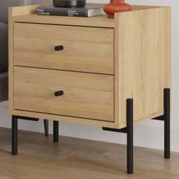 Decortie Malta 2 Drawer Oak and Black Metal Leg Bedside Table - Brown - Wilko - thumbnail 1