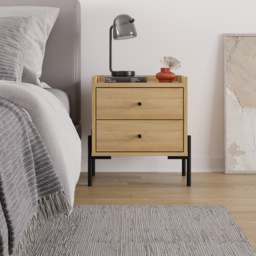 Decortie Malta 2 Drawer Oak and Black Metal Leg Bedside Table - Brown - Wilko - thumbnail 6