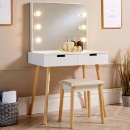 Home Source Hollywood 2 Drawer Light Mirror Dressing Table and Stool - Size: 134.5 x 50 x 80cm - White - Wilko - thumbnail 1