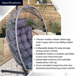 Samuel Alexander Grey Rattan Hanging Egg Chair with Cushions - Size: 1 Seater - Wilko - thumbnail 5