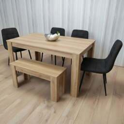 Kosy Koala 6 Seater Velvet Dining Bench Set Oak Effect and Black - Multi - Portland - Wilko