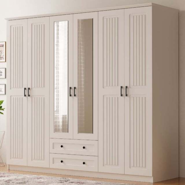 Evu JULIET 6 Door 2 Drawer White Mirror Wardrobe - Size: 6 Door, 2 Drawer - Wilko