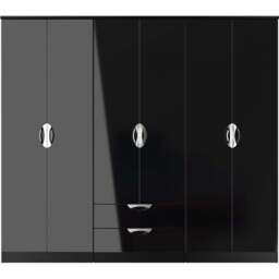 Crowndale Camden 6 Door 2 Drawer Black Gloss and Black Wardrobe Ready Assembled - Black Gloss & Black - Wilko - thumbnail 3