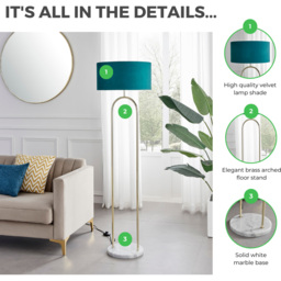 Furniturebox Avery Teal Velvet Brass Floor Lamp - Size: 45 x 45 x 157cm - Blue - Wilko - thumbnail 7