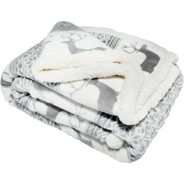 Bellissimo Grey Nordic Stag Sherpa Fleece Throw 130 x 180cm - Size: 180 x 130cm - Wilko - image 1