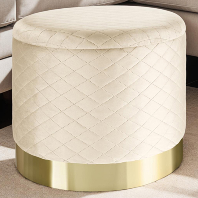 tectake Coco Cream Velvet Look Quilted Padded Round Stool with Storage - Size: 44.5 x 51 x 51cm - Wilko - image 1