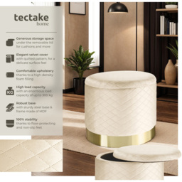 tectake Coco Cream Velvet Look Quilted Padded Round Stool with Storage - Size: 44.5 x 51 x 51cm - Wilko - thumbnail 7