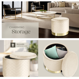 tectake Coco Cream Velvet Look Quilted Padded Round Stool with Storage - Size: 44.5 x 51 x 51cm - Wilko - thumbnail 6