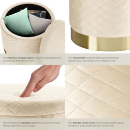 tectake Coco Cream Velvet Look Quilted Padded Round Stool with Storage - Size: 44.5 x 51 x 51cm - Wilko - thumbnail 5