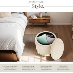 tectake Coco Cream Velvet Look Quilted Padded Round Stool with Storage - Size: 44.5 x 51 x 51cm - Wilko - thumbnail 4