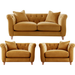 Elsie Chesterfield 4 Seater Ochre Plush Velvet Sofa Suite - Yellow - Wilko - thumbnail 3