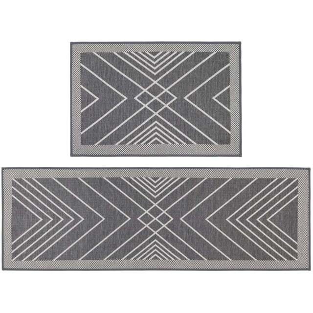 JVL Expression Stripe Rubber Backed Door Mat and Runner Set - Size: 75 x 50 x 5cm - Grey - Wilko - image 1