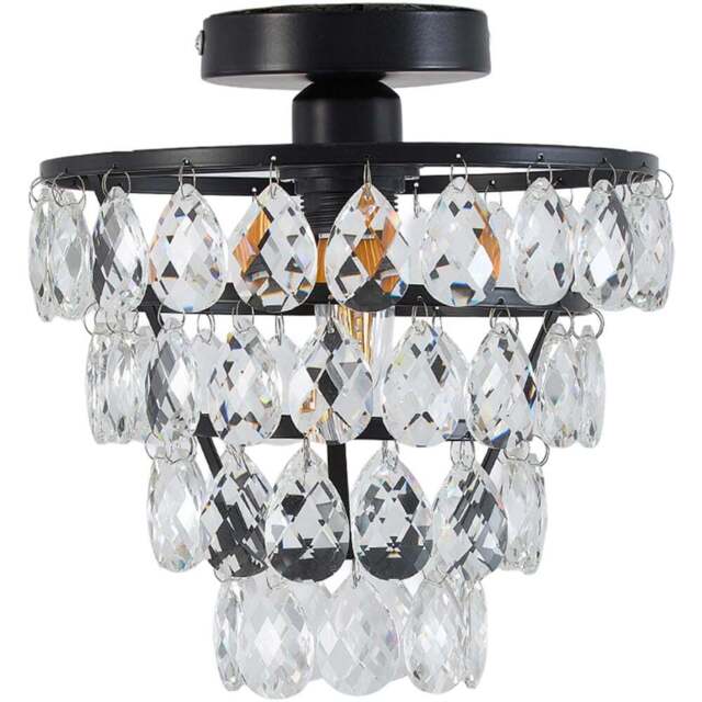 Living and Home Black Iron Crystal E27 LED Semi Flush Light - Size: 26 x 24.5 x 24.5cm - Black + Transparent - Wilko - image 1