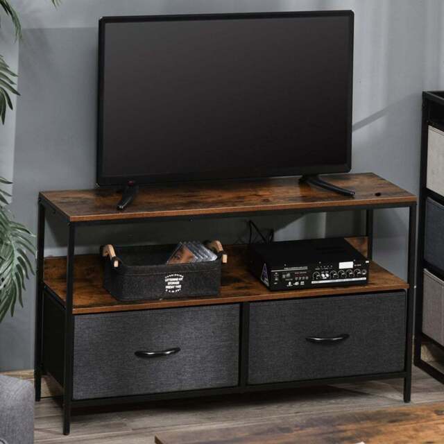 Portland 2 Foldable Drawer Rustic Brown Steel TV Cabinet - Size: 98 x 29 x 56cm - Wilko - image 1