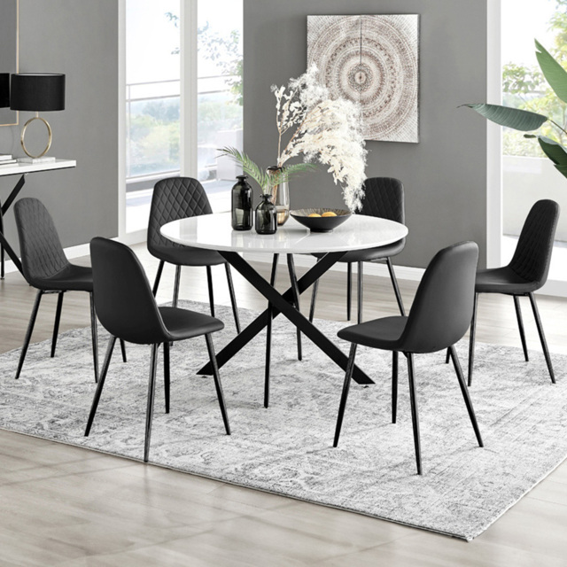 Furniturebox Arona Solara 6 Seater Round Dining Set White Gloss and Black - Wilko - image 1