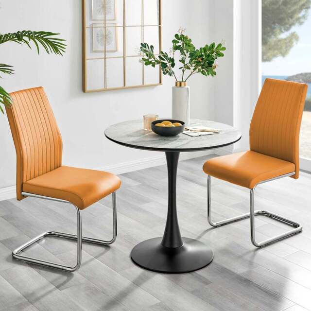 Furniturebox Elissa Fontana Marble Effect 2 Seater Round Dining Set White Mustard and Chrome - Yellow - Wilko - image 1