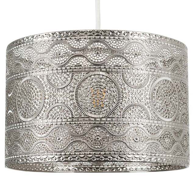 ValueLights Casablanca Moroccan Style Chrome Drum Pendant Shade - Size: 20 x 30 x 30cm - Silver - Wilko - image 1