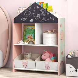 Costway 2 Drawer Pink Kids Wooden Dollhouse Bookshelf - Size: 81 x 36 x 13cm - Wilko - thumbnail 1